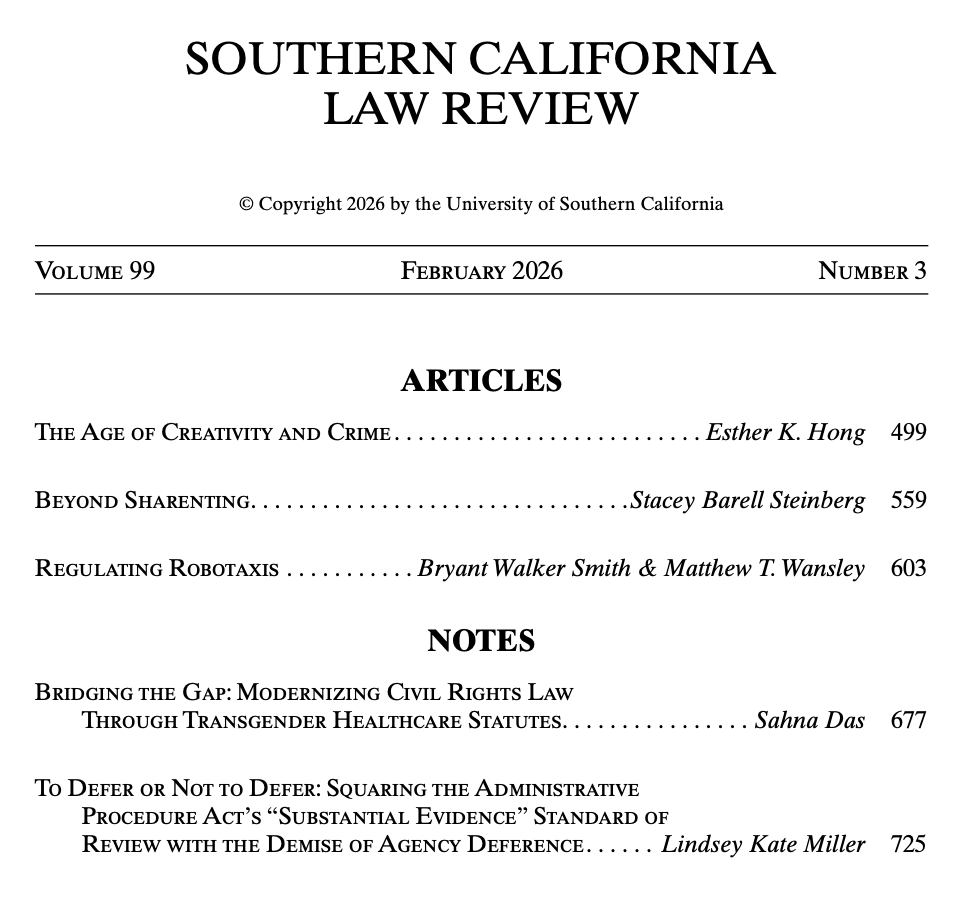 SCalLRev's tweet photo. Volume 99:3 is here! Our articles and student notes provide insight into topics like antitrust and technology, criminal justice reform, civil rights, and more. Read all about it on our website: https://t.co/i8xH9KBMUI https://t.co/DJw2fPlPJ3