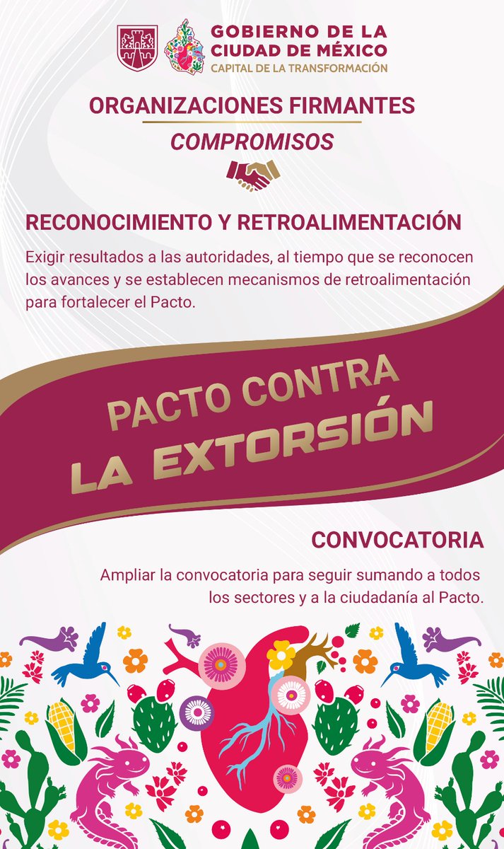 SSC_CDMX's tweet photo. #Extorsión l Conoce los compromisos de las organizaciones firmantes en el #PactoContraLaExtorsión:
☑️ Promoción de la denuncia
☑️ Solidaridad
☑️ Comunicación
☑️ Organización
☑️ Interlocución
☑️ Inteligencia y tecnología
☑️ Reconocimiento y retroalimentación
☑️ Convocatoria

Líneas de atención y denuncia anónima en la #CiudadDeMéxico, con servicio las 24 horas:
📱089
☎️ 55 5036 3301