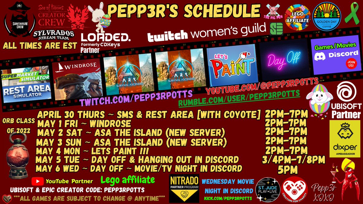 This is the plan this week with the St Jude Playlive officially starting on May 1st !!! 
tiltify.com/@pepp3rpotts/c… #Stjude #StJudePlaylive #StJudeChilderensHospital #StJudeAmbassador #Tiltify