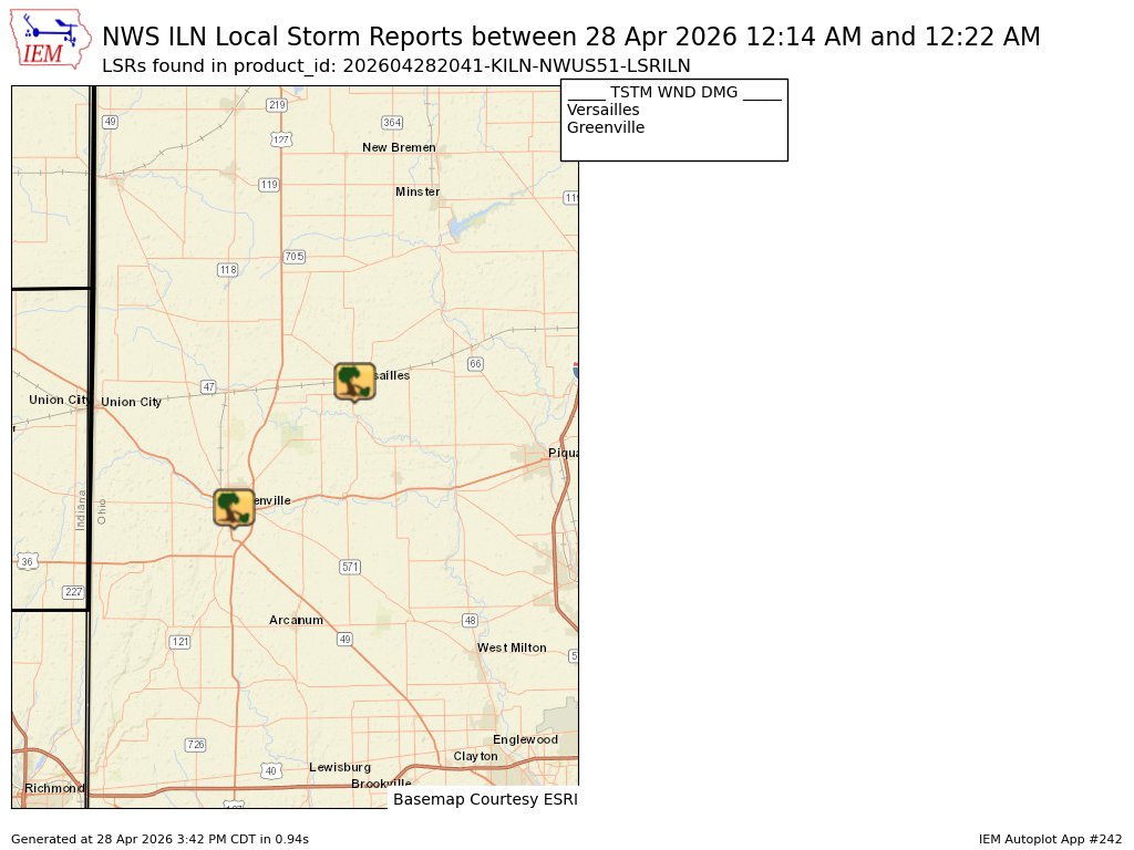 ds_wx03's tweet image. [Delayed Report] On Apr 28, at 12:14 AM EDT, Greenville [Darke Co, OH] 911 Call Center reports Tstm Wnd Dmg. Trees down. Time estimated from RADAR. #ohwx mesonet.agron.iastate.edu/lsr/?by=wfo&amp;amp;wf…