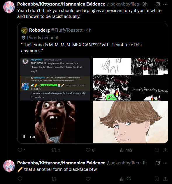 pokenbbyfiled's tweet photo. If you read the screenshot, he just talks about how his OC is Mexican. Not that he HIMSELF is Mexican, not that he 'wants to be' or is 'larping' as Mexican, a character of his is. If you think white people should only create white characters then IDK what to tell you?? https://t.co/C5gvgroz0Z