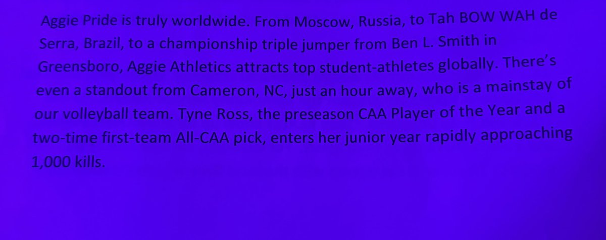 tyne_ross's tweet image. Saw this on the script last night at the Aggie Espys. It may not be the biggest deal, but being able to represent the place I’m from at an amazing institution has been the biggest highlight of my career so far. 
#ncat #aggiepride #smalltownkid 💙💛