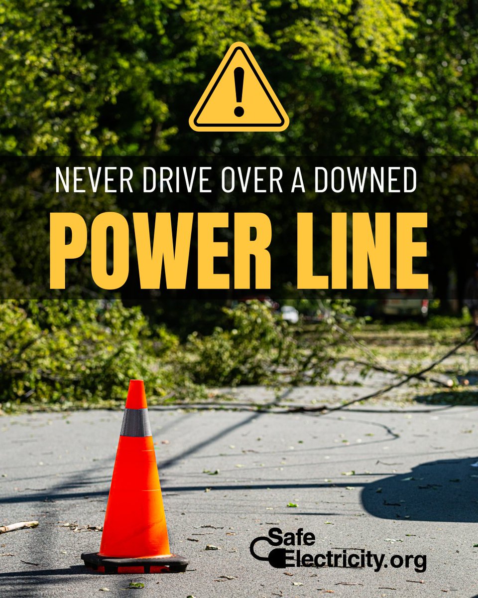 FEMelectric's tweet photo. ⚠ Can I drive over downed power lines? No. Never.
Downed power lines can still be energized - even if they're not sparking or moving. Driving over one can cause serious injury or death.
✔ Stay in your vehicle
✔ Call 911
✔ Warn others to stay away https://t.co/99uHe89Xhl