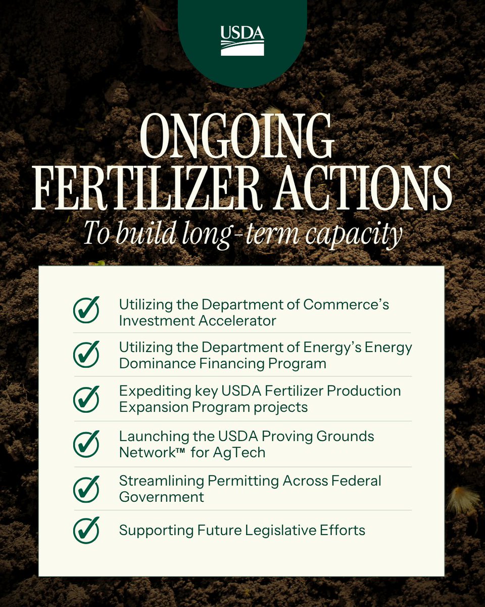 USDA's tweet photo. Under @POTUS' leadership, USDA along with other federal agencies are working to rebuild the domestic fertilizer supply chain to ensure our nation's farmers and consumers can always rely on a robust and affordable supply 🌱💪 https://t.co/uFWaHKLr5v