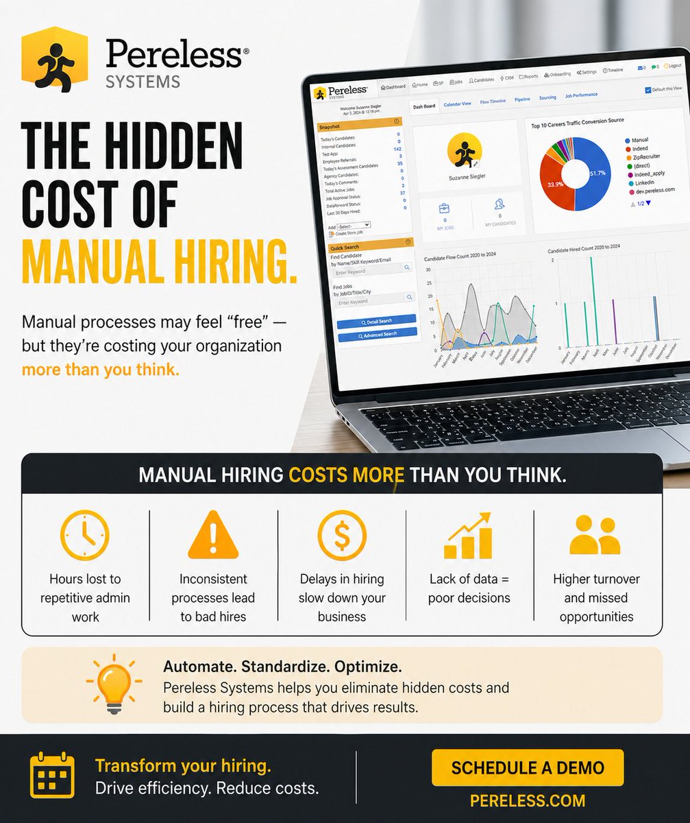 Pereless_i7's tweet image. Manual #hiring isn’t “free” for #enterprise teams. It costs time, consistency, &amp;amp; scalability. Automate, standardize, &amp;amp; make smarter hires with Pereless Systems. Book a demo today! power.pereless.com/request-a-demo/
#ATS #EnterpriseTech #EnterpriseATS #HumanResources #HR #HRTech #Recruiting