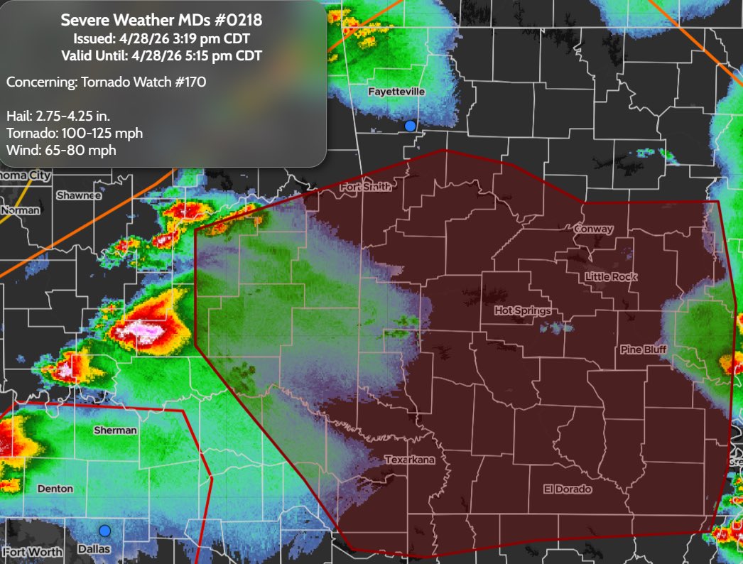 StormTrackingHQ's tweet image. Severe Weather MDs 0218 has been issued for parts of #Arkansas, #Louisiana, #Texas and #Oklahoma 

Concerning: Tornado Watch #170

#Hail: 2.75-4.25 in. 
#Tornado: 100-125 mph
#Wind: 65-80 mph 

Valid until 5:15 pm CDT Today

#wxtwitter #wxX #wx #severewx #severe #severeweather
