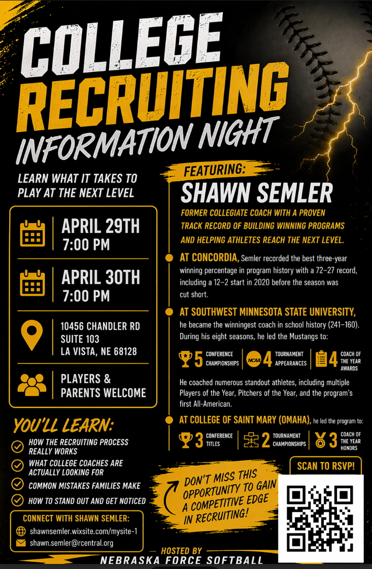 tims1063's tweet photo. Softball parents, fans. College recruiter seminar April 29th and 30th in Omaha led by former collegiate coach @shawnsemler. https://t.co/XOqfFVLS3v