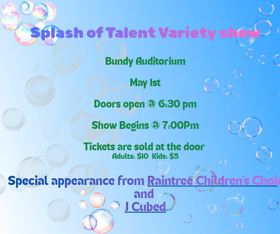 NCCSCIndiana's tweet photo. Bundy Auditorium will get a "Splash of Talent" this Friday night!  Join us in this FUNdraiser.  The Music Business Class is raising money for fresh water wells in Africa by hosting a school variety show! https://t.co/OzE4yrPl9P