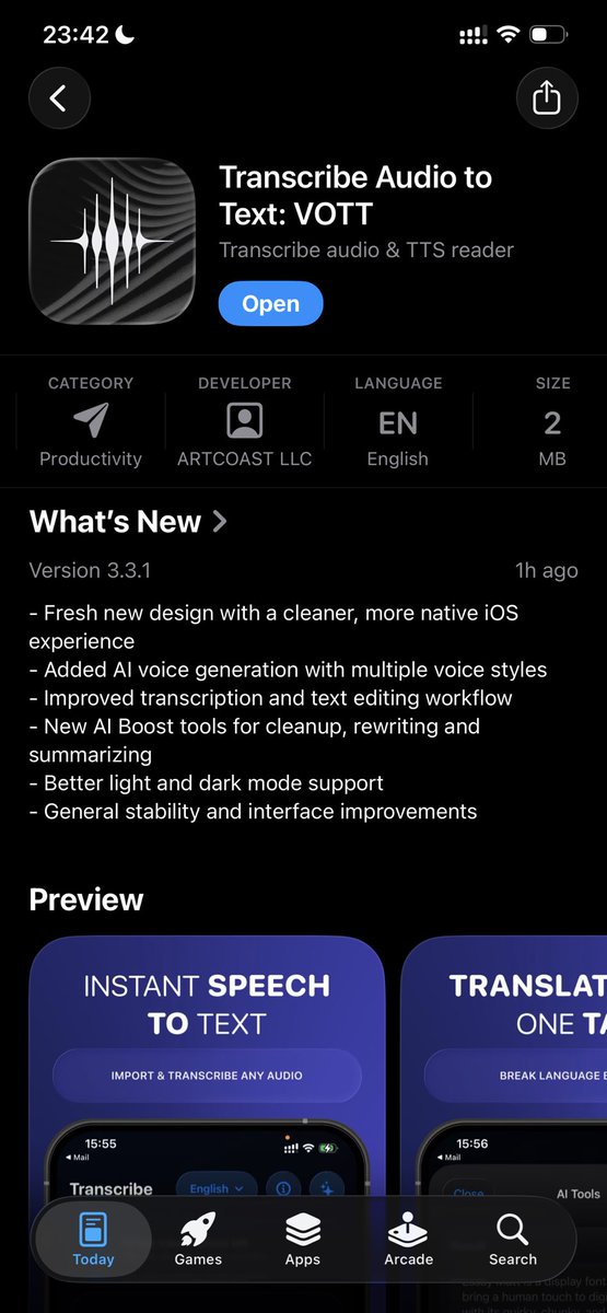 dimarus's tweet photo. Big update for VOTT today! 🛠️
Turned a simple transcription app into an AI powerhouse.
✨ Studio-quality AI voices for TTS
✨ 1-tap text cleanup &amp; summaries
✨ Local, privacy-first processing

Grab it here and let me know your thoughts! 👇

https://t.co/rzAKSZStue

#iosdev https://t.co/txKbURPnVH