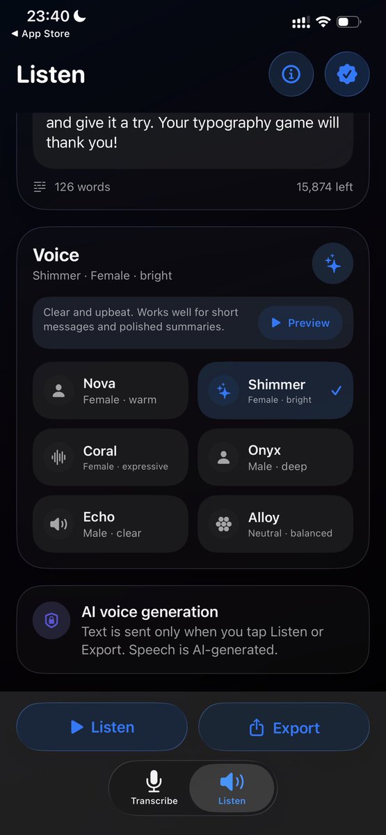 dimarus's tweet photo. Big update for VOTT today! 🛠️
Turned a simple transcription app into an AI powerhouse.
✨ Studio-quality AI voices for TTS
✨ 1-tap text cleanup &amp; summaries
✨ Local, privacy-first processing

Grab it here and let me know your thoughts! 👇

https://t.co/rzAKSZStue

#iosdev https://t.co/txKbURPnVH