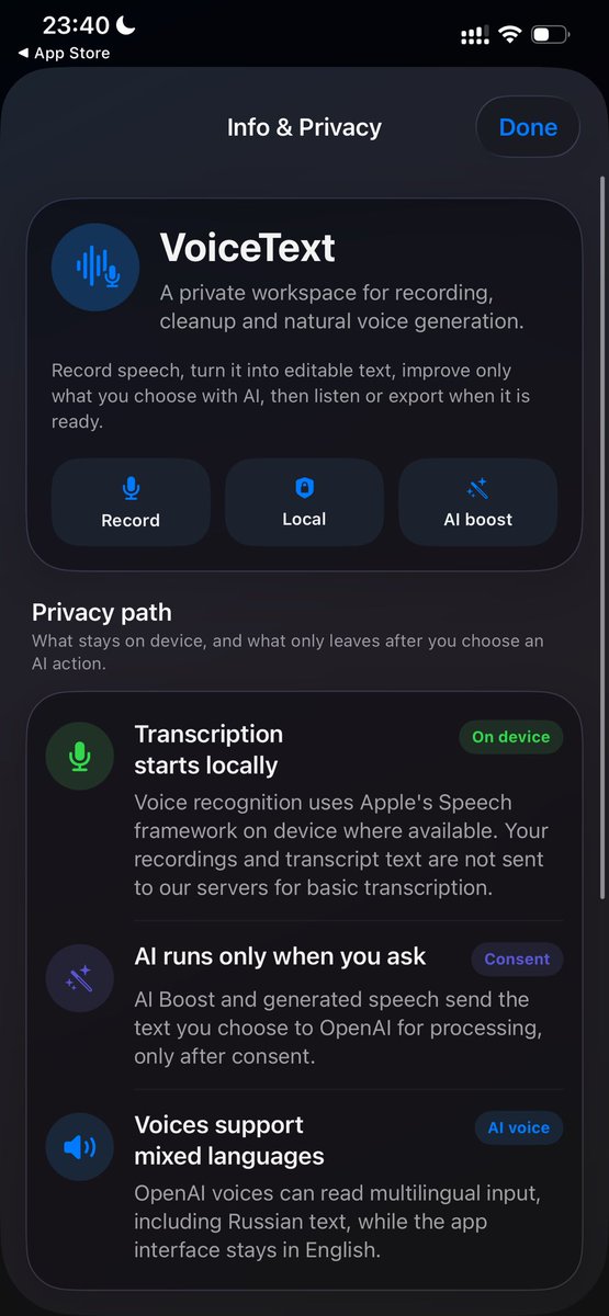 dimarus's tweet photo. Big update for VOTT today! 🛠️
Turned a simple transcription app into an AI powerhouse.
✨ Studio-quality AI voices for TTS
✨ 1-tap text cleanup &amp; summaries
✨ Local, privacy-first processing

Grab it here and let me know your thoughts! 👇

https://t.co/rzAKSZStue

#iosdev https://t.co/txKbURPnVH