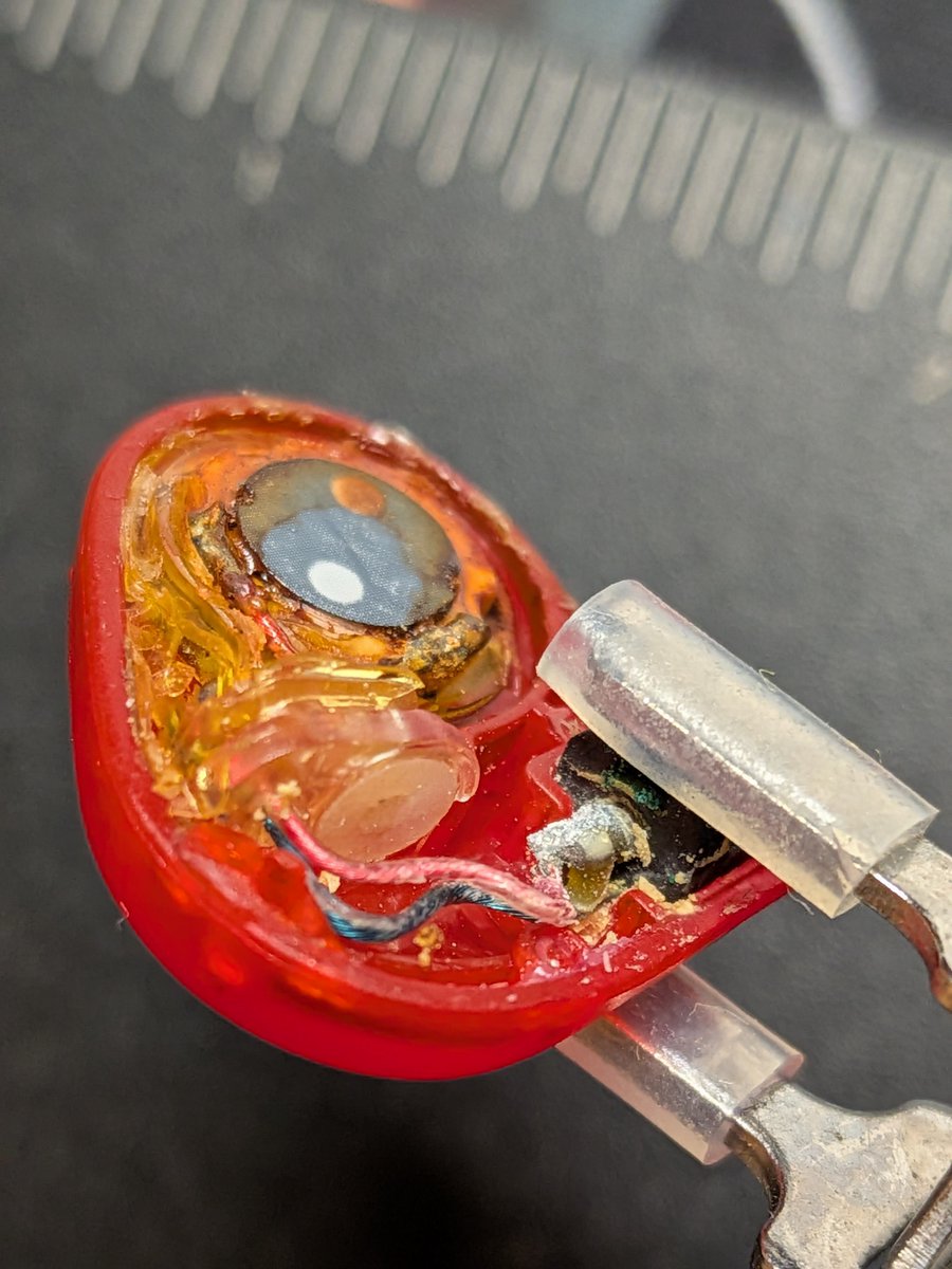 dorpomi_'s tweet photo. Opening it up was quite easy as the glue was rather weak, and I was presented with a lot of corrosion. But the core problem was that the black connector part had a bit of wiggle room and could rotate a few degrees back and forth, which caused stress on the center wire. https://t.co/sVBSuqYTtW