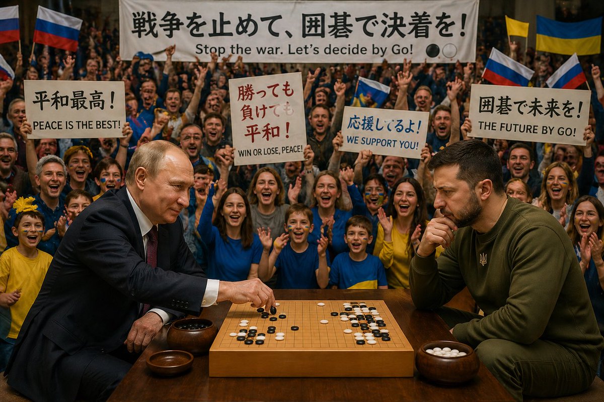 igotti's tweet image. プーチンとゼレンスキーが、戦争を止めて #囲碁 で決着をつける図

 #世界平和
 #worldpeace
