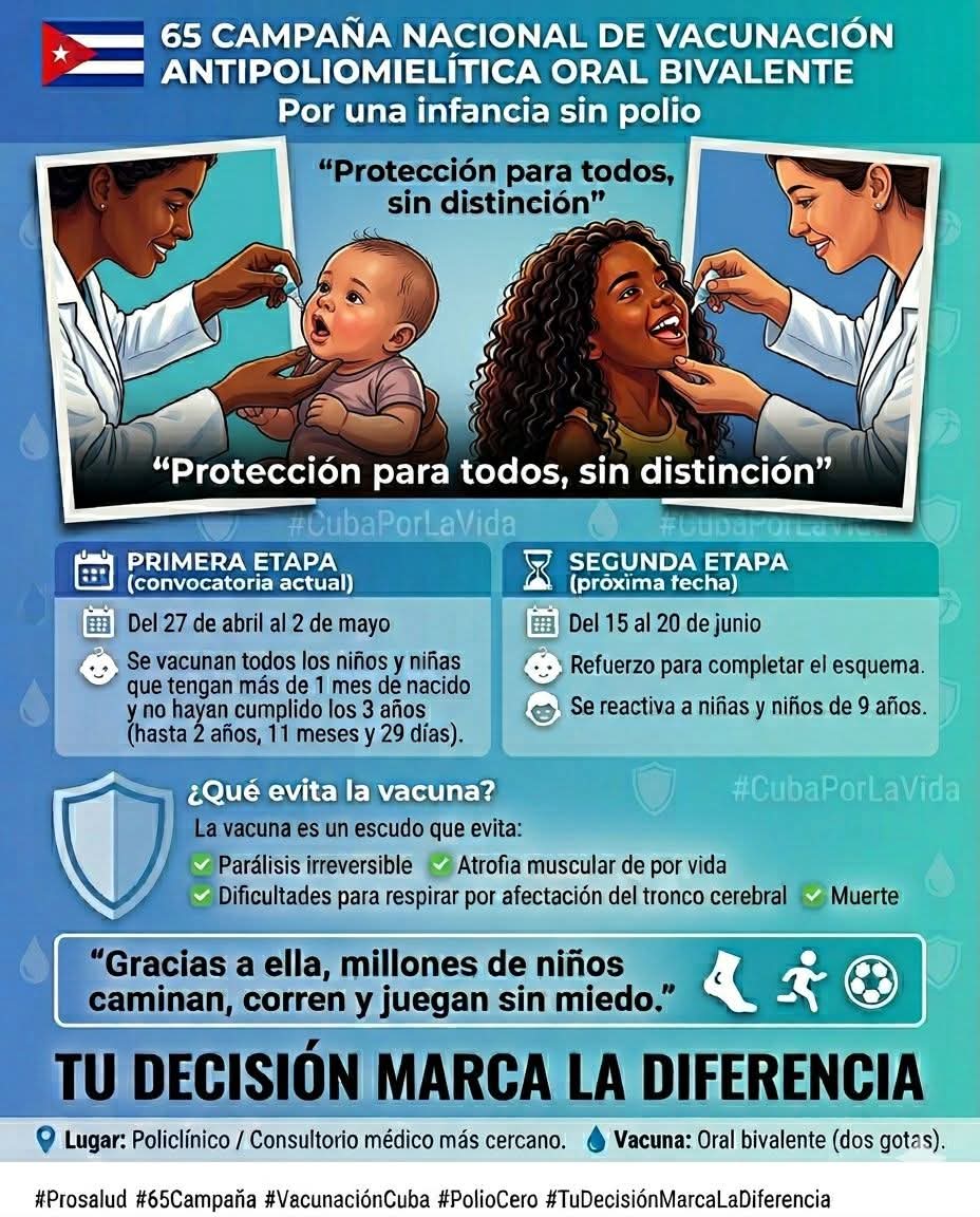 ⚕️🇨🇺#CubaPorLaVida/ ¿Ya están tus hijas y/o hijos vacunados contra la polio?💧
Este es el momento adecuado para hacerlo. Recuerda que estamos en campaña. Las vacunas salvan vidas!!! Tu decisión marca la diferencia!!!