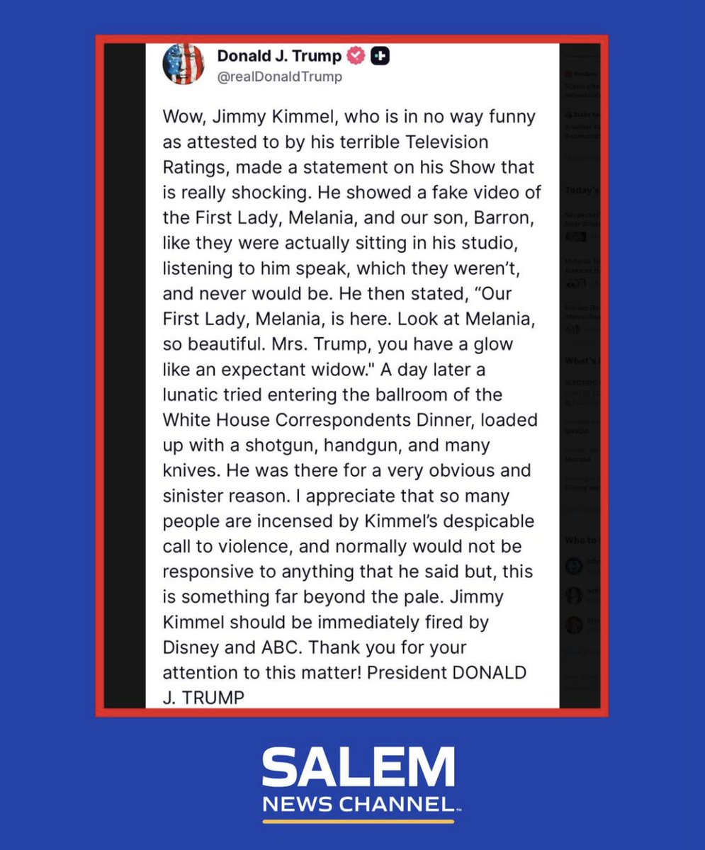 AM560TheAnswer's tweet image. President Trump calls on Disney and ABC to fire Jimmy Kimmel following his "despicable call to violence." #WIND