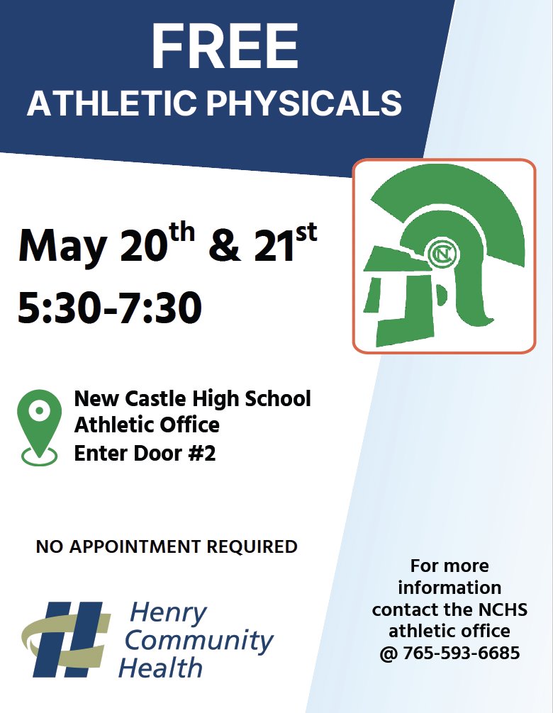NCCSCIndiana's tweet photo. Henry Community Health is offering FREE Athletic Physicals. Call the Athletic Office if you have any questions! 765-593-6685 https://t.co/XbKAz6Iey1