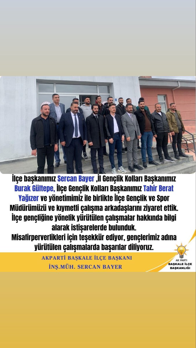 sercanbayer88's tweet photo. 📍BAŞKALE MERKEZ
 Bir dizi programlar yapmak için ilçemize gelen AK Parti İl Gençlik Kolları Başkanımız @gultepeburak ve ilçe teşkilatımızla birlikte kurumlarımızı ziyaret ettik. 
Kurumların hizmet ettikleri çalışmalar hakkında bilgi alış verişinde bulunduk. 
@abuyukgumus https://t.co/WVCN1xabxg