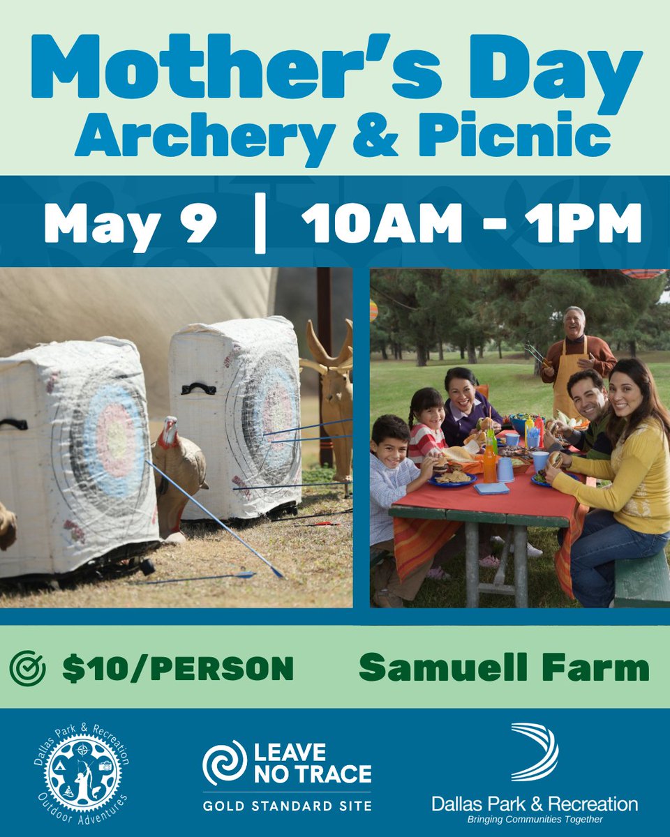 DallasParkRec's tweet image. 💝 Give your mom the gift of quality time this Mother's Day!

Join #Outdoor Adventures for a day of picnicking, archery &amp;amp; family fun! Our Certified NASP Archery Instructors will be lead, all archery equipment will be provided. Archery for ages 7+

📞 214-671-2267
