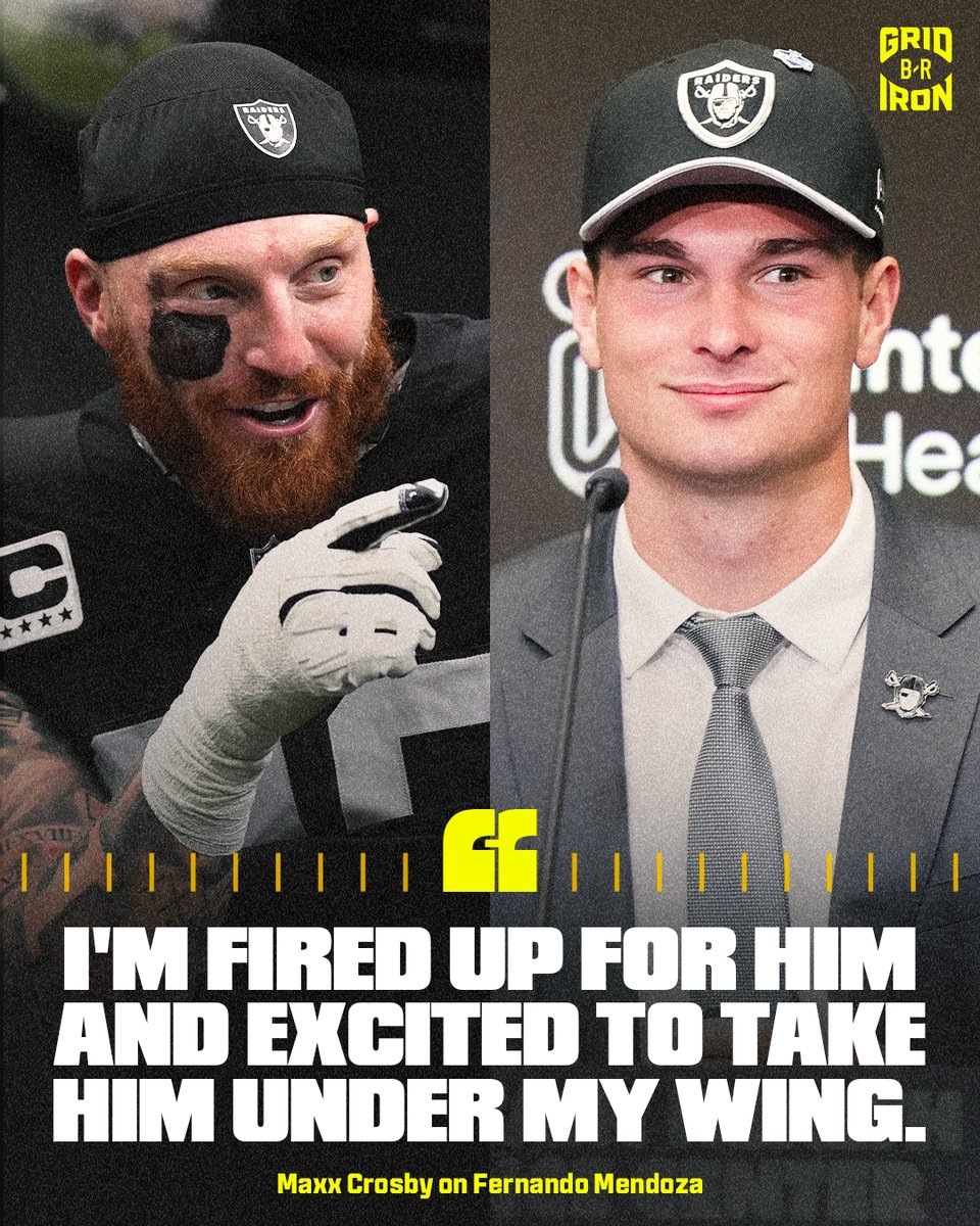brgridiron's tweet image. Maxx Crosby 🤝 Fernando Mendoza

Maxx is ready to take the No. 1 pick under his wing 🙌