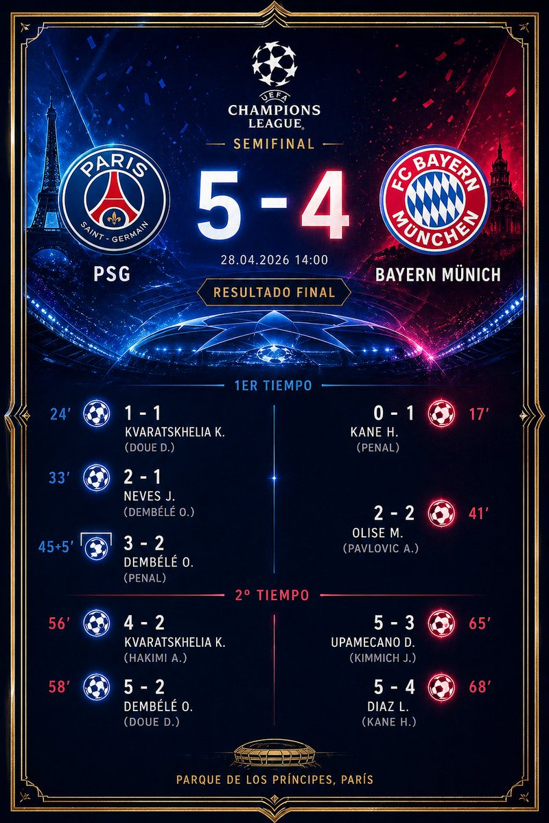 ¡ESTO ES CINE! 🍿🔥

​Nueve goles, remontadas y un fútbol de otro planeta en el Parque de los Príncipes. 

El PSG se lleva la ida con un 5-4 de infarto ante el Bayern. ¡Kvaratskhelia y Dembélé están en modo Balón de Oro! 💎🇫🇷

​Todo se define el próximo miércoles 6 de mayo en el