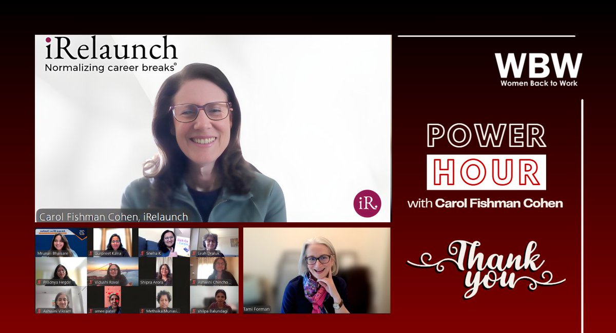 WomenBackToWork's tweet photo. Thanks to Carol Fishman Cohen for joining our Making the Most of the iRelaunch Conference Power Hour.

Shared what to expect from the conference and practical ways to prepare, connect, and get value from it.

Grateful for the insights. 

#WomenBackToWork #iRelaunch https://t.co/2gCcORuDm9