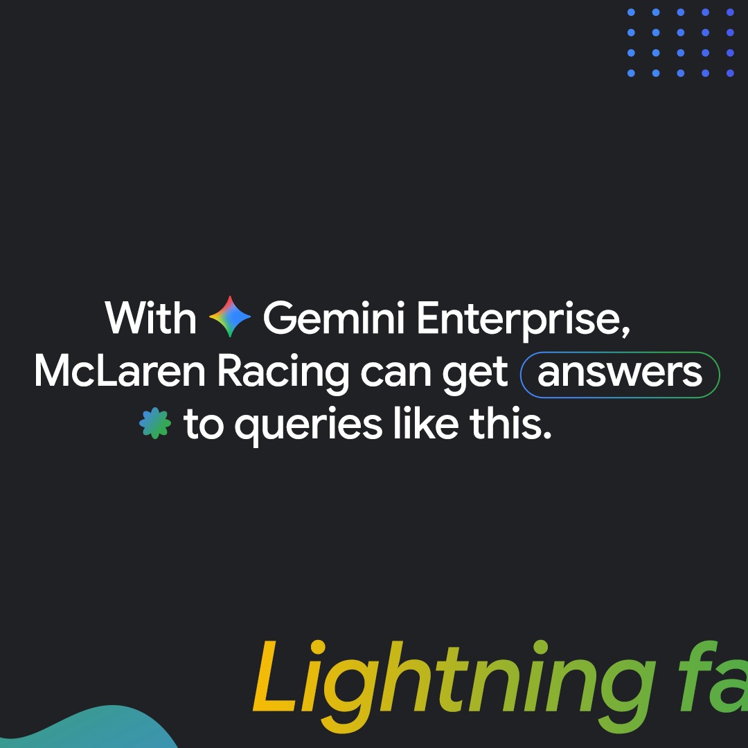 googlecloud's tweet photo. No time for manual searches. With Gemini Enterprise, McLaren Racing can get answers before lights out.