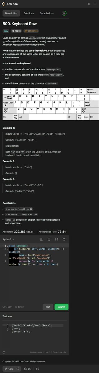 doctorzlai's tweet image. Day 443 - Leetcoding with Kids - 500.Keyboard Row
带娃刷题第443天 可以用一行键盘打出的单词

#leetcode #tutorial #daily #learning #python #programming #力扣 #编程 #计算机 #学习