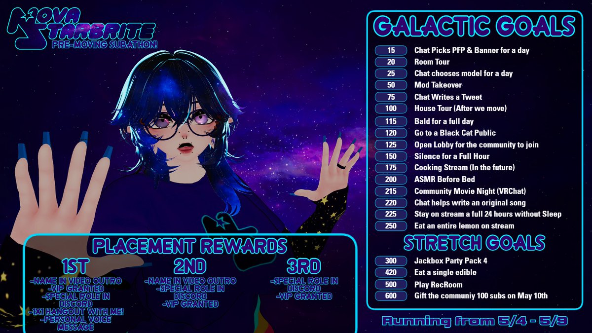 Next Week 5/4 at 5pm EST I'll be doing a pre-moving subathon as a send off before I move and am gone for a couple weeks!

Here's all the subgoals for the stream and Rewards for those who are 1st, 2nd, and 3rd on the gifting leaderboard when the stream ends on saturday!

Seeya 5/4