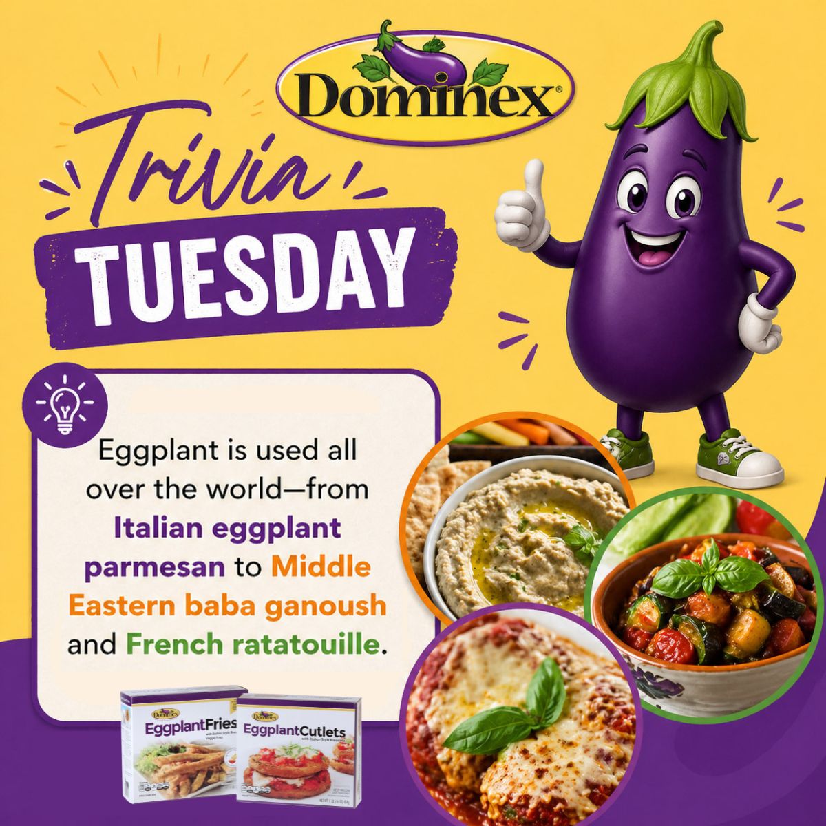 eggplantpeople's tweet image. 🍆 Eggplant = global MVP 🌍 Parm 🇮🇹 • Baba ganoush • Ratatouille 🇫🇷 One of the most versatile plant-based ingredients out there. Make it easy with Dominex Eggplant Cutlets &amp;amp; Fries 🙌 #Dominex #PlantBased #EasyDinner #TriviaTuesday #EggplantRecipes