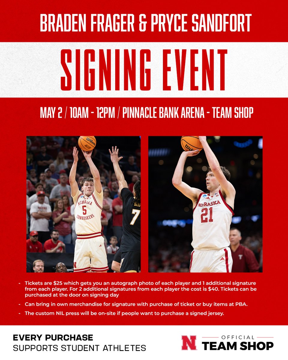 HuskerMBB's tweet photo. 🚨 DON'T MISS IT 🚨

Catch @prycesandfort &amp; @Braden_Frager this Saturday and secure that autograph. ✍️ https://t.co/Fi6w9qqqDR