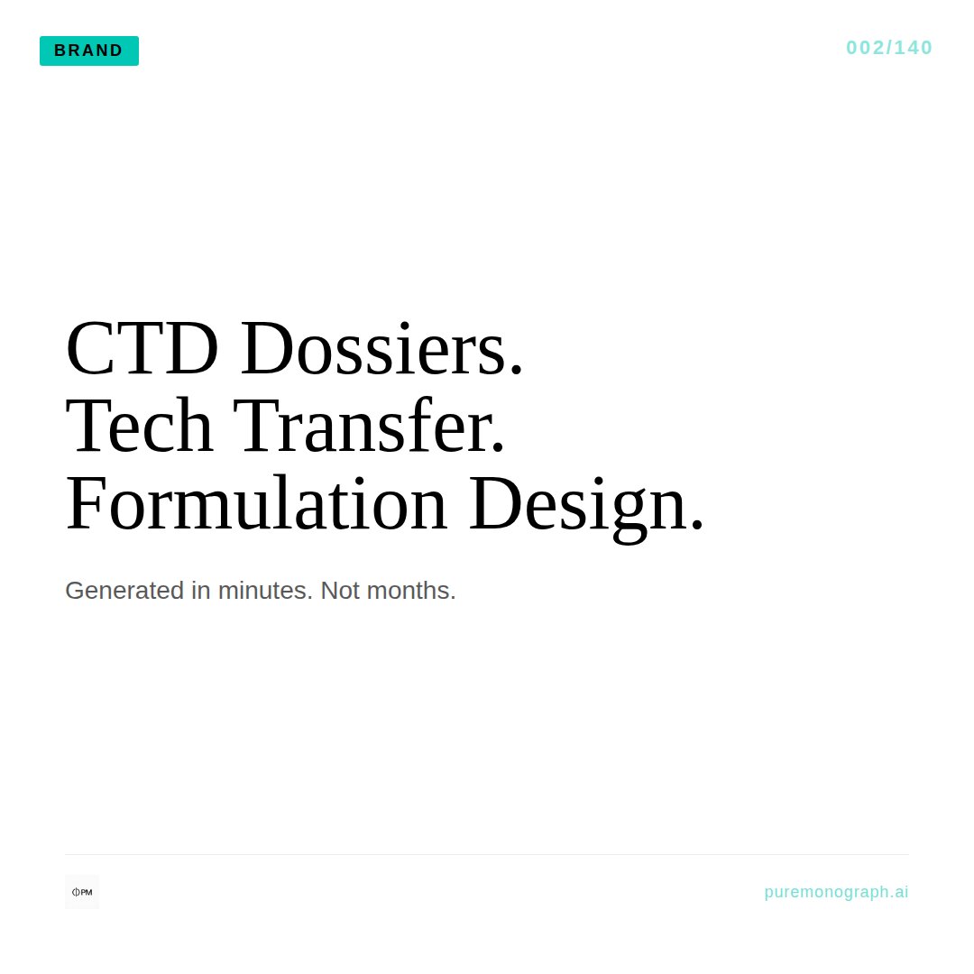 PureMonograph's tweet photo. CTD dossiers. Tech Transfer. Formulation intelligence reports.Generated in minutes. Not months. @PureMonograph   https://t.co/4LoxQbT86c https://t.co/u9dKE3z1P8