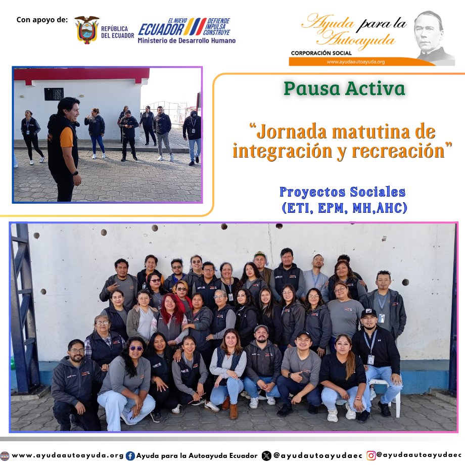 ayudautoayudaec's tweet photo. Una jornada matutina de integración y recreación fortaleció la convivencia interna en la Corporación Social Ayuda para la Autoayuda Ecuador. 💙 Prevenir el burnout y cuidar de quienes cuidan es también nuestra misión. #BienestarLaboral #Inclusión #TrabajoEnEquipo https://t.co/NLCttNB0dZ