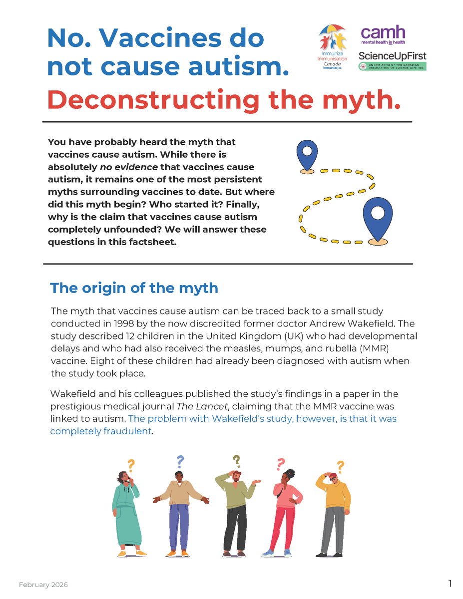 ImmunizedotCa's tweet image. Check out the new factsheet from Immunize Canada, ScienceUpFirst, and CAMH | ‘No. Vaccines do not cause autism. Deconstructing the myth’ | immunize.ca/sites/default/… #TheTimeIsNow #VaccinesWork #VaccinesSaveLives #GetImmunized #NIAW2026 #TogetherAgainstMisinformation