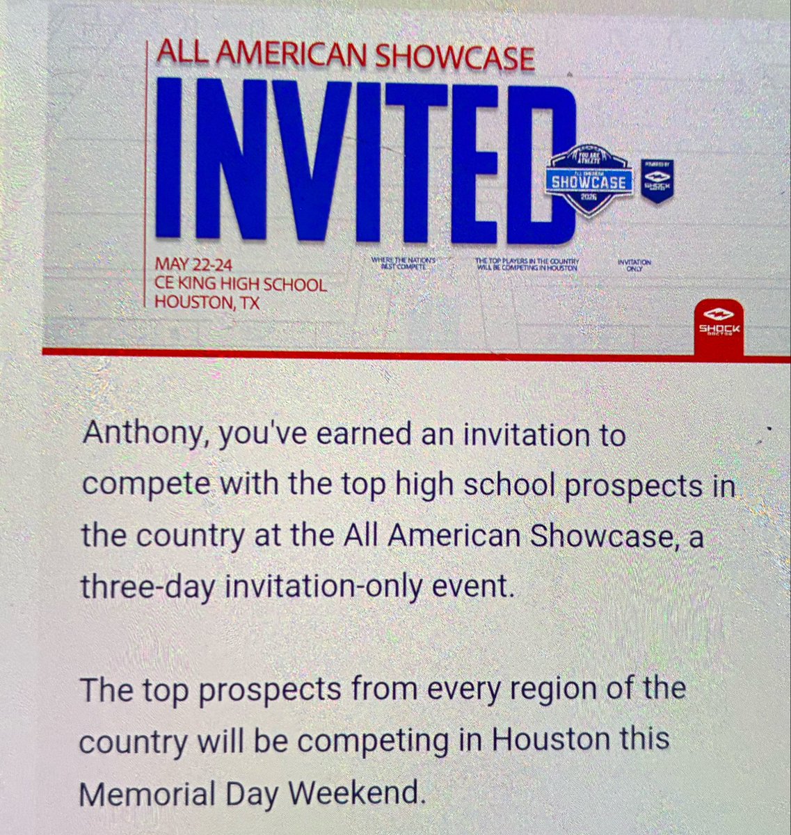 anthonymurry28's tweet photo. Invited to the yaa ALL-AMERICAN SHOWCASE in Houston Texas invite only💯 #LETSWORK😤 @youareathlete @RoadToHouston https://t.co/VJtPb4zcQC