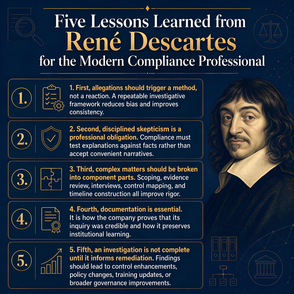 tfoxlaw's tweet image. Descartes for compliance? Absolutely. Evidence is not enough; you must test it with rigor. Read how disciplined inquiry sharpens investigations, remediation, and governance in modern compliance. 

bit.ly/49eZw2n #Compliance #CorporateGovernance #Investigations
