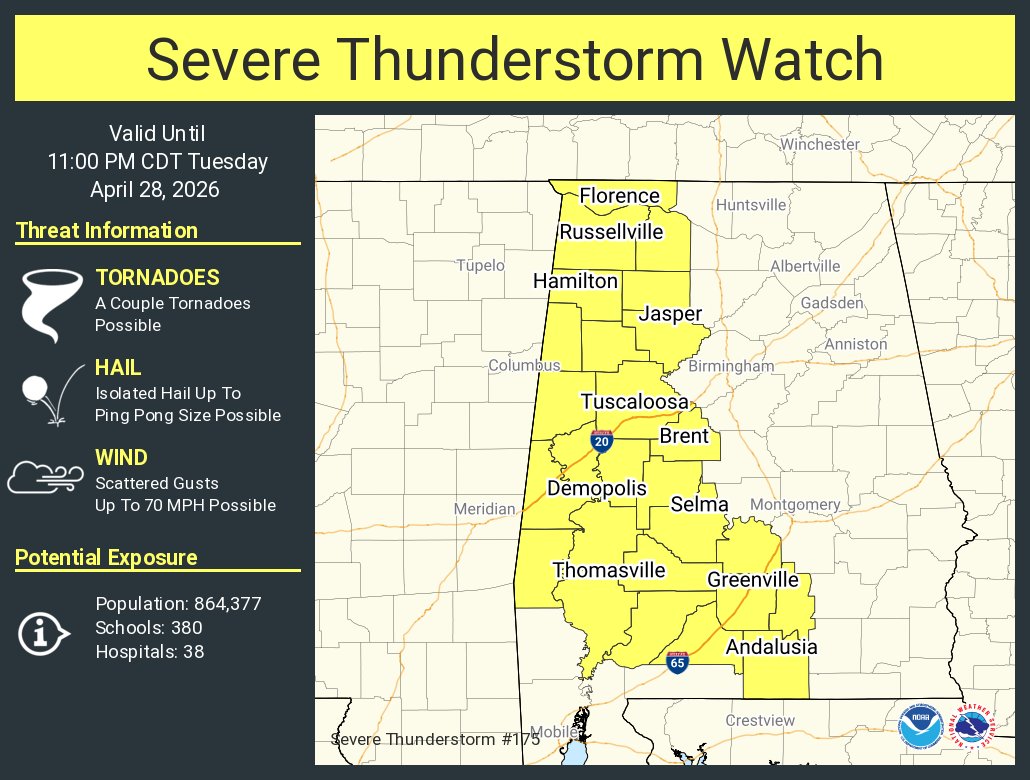 NWSHuntsville's tweet photo. A severe thunderstorm watch has been issued for parts of Alabama until 11 PM CDT https://t.co/P5q2trntBD