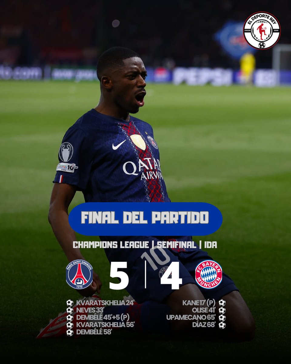 🔥 ¡𝗟𝗼𝗰𝘂𝗿𝗮 𝗲𝗻 𝗖𝗵𝗮𝗺𝗽𝗶𝗼𝗻𝘀!
PSG venció al Bayern en un partidazo con 9 goles ⚽💥

Ventaja francesa, pero todo se define el miércoles en Alemania 👀🏆

#ChampionsLeague #UCL #ElDeporteRey