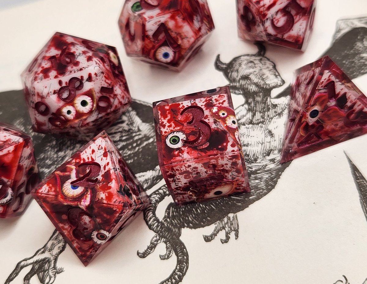 Sinnamon_Dice's tweet image. Broken Oath Dice Set with Dark Red Numbers 
#dnd #ttrpg #handmadedice #dice #dungeonsanddragons