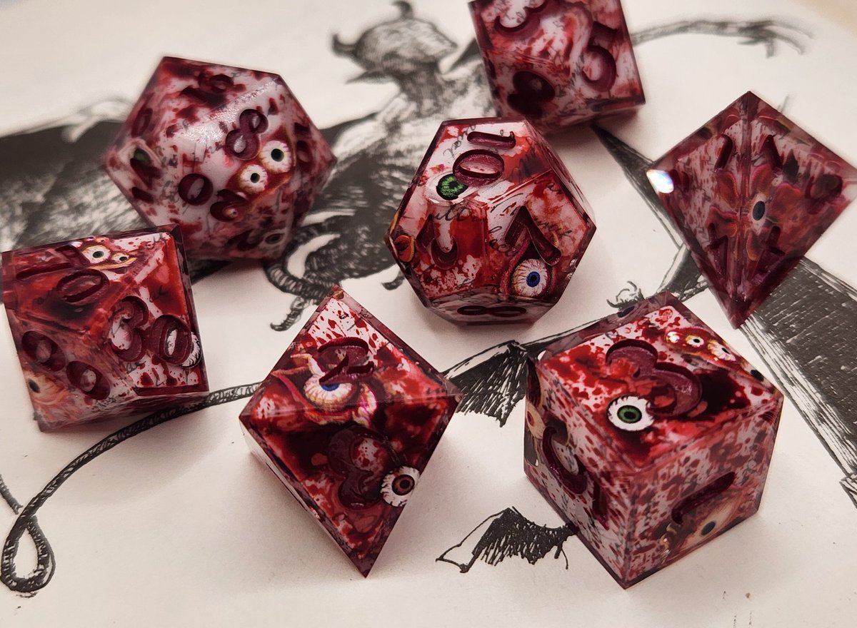 Sinnamon_Dice's tweet image. Broken Oath Dice Set with Dark Red Numbers 
#dnd #ttrpg #handmadedice #dice #dungeonsanddragons