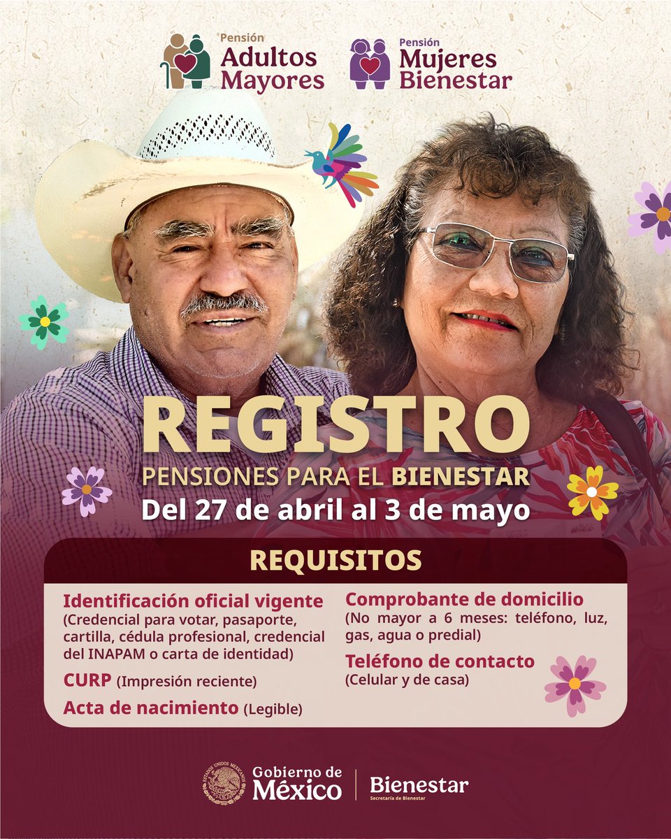 ❤️ #PensionesBienestar ❤️
Te comparto los DOCUMENTOS que debes llevar para registrarte a la #PensiónMujeresBienestar y a la #PensiónAdultoMayor que se lleva a cabo del 27 de abril al 3 de mayo.

Ubica el #MóduloBienestar más cercano a tu domicilio en gob.mx/bienestar y