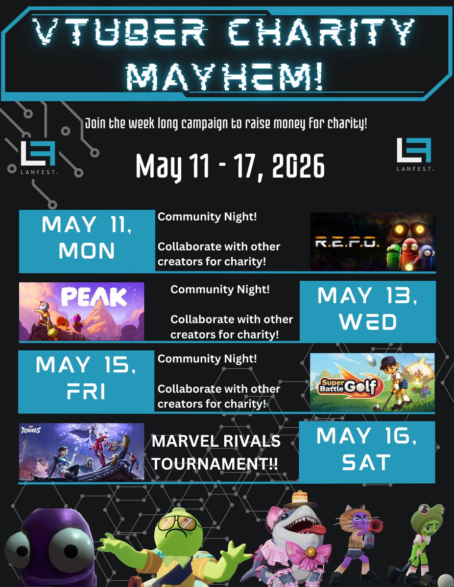 Just_Rogue_'s tweet photo. Want to help a good cause?

Join us for a week long campaign raising money for charity! Can't join for the events? You are welcome to support the campaign on your own!

WHOS THE CHARITY? LANFest- https://t.co/bAM3NxcU5K
WHEN: May 11-17, 2026
REGISTRATION: https://t.co/fLDGCAus61 https://t.co/fPLYXMAZP9