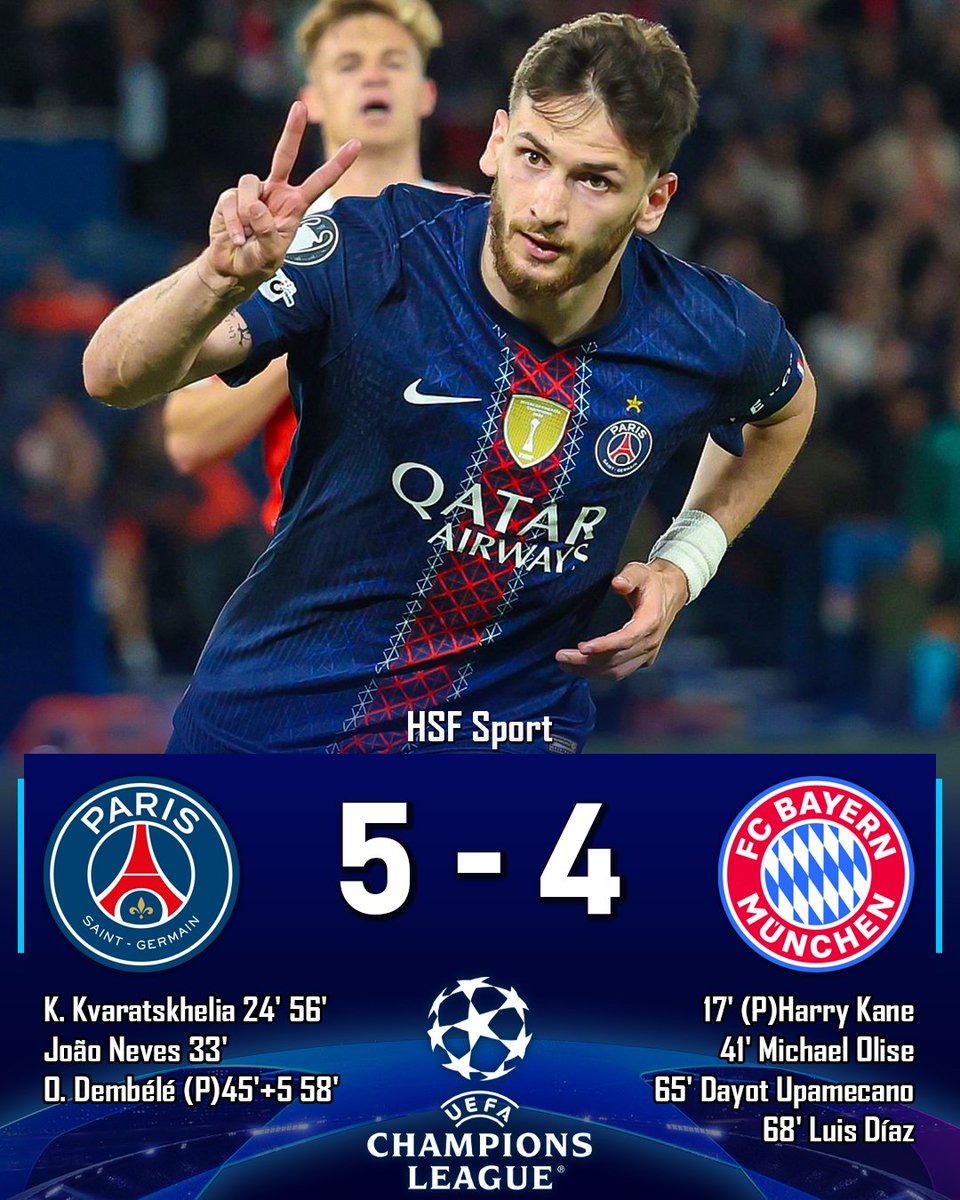 dkenson7's tweet photo. Le Paris Saint-Germain s’impose 5-4 face au Bayern Munich en demi-finale aller de Ligue des champions de l'UEFA. Suspense total avant le retour à l’Allianz Arena le 6 mai https://t.co/ZhnkQZe2BU