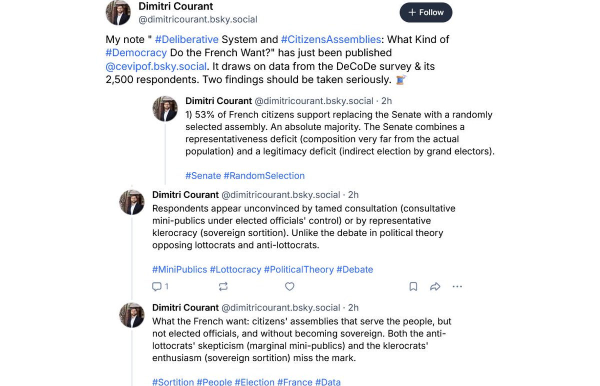 TegenVerkiezing's tweet photo. "53% of French citizens support replacing the Senate with a randomly selected assembly. An absolute majority." #SortitionFR #Lottocracy
Wow! @DimitriCourant
https://t.co/llyf5ZquDR https://t.co/l4uf06HgWO