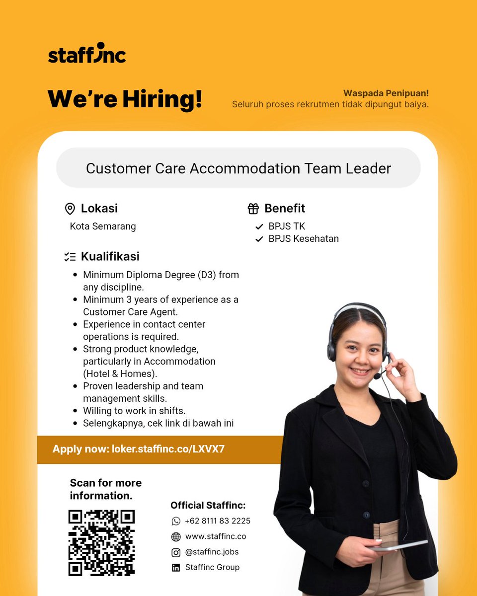 petalsflutter's tweet photo. Dear all,
Staffinc Group membuka kesempatan untuk posisi Customer Care Accommodation Team Leader di Semarang. Cocok untuk kamu yang punya jiwa leadership dan pengalaman di layanan pelanggan.
📍 Semarang
💼 Kontrak
💰 Rp5–5,07 juta
Daftar sekarang: https://t.co/jXBNoKVBqv  https://t.co/scGgSoGtQy