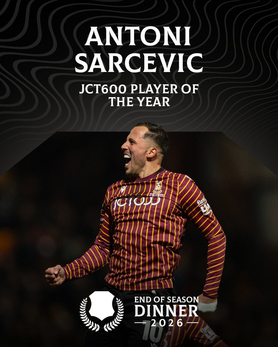 officialbantams's tweet photo. The big one… 🥁

This season’s JCT600 Player of the Year, as voted for by you, is Antoni Sarcevic! 🏆

Rounding off the evening in style, Sarce! 🙌

#BCAFC https://t.co/5jFQb7C3QC