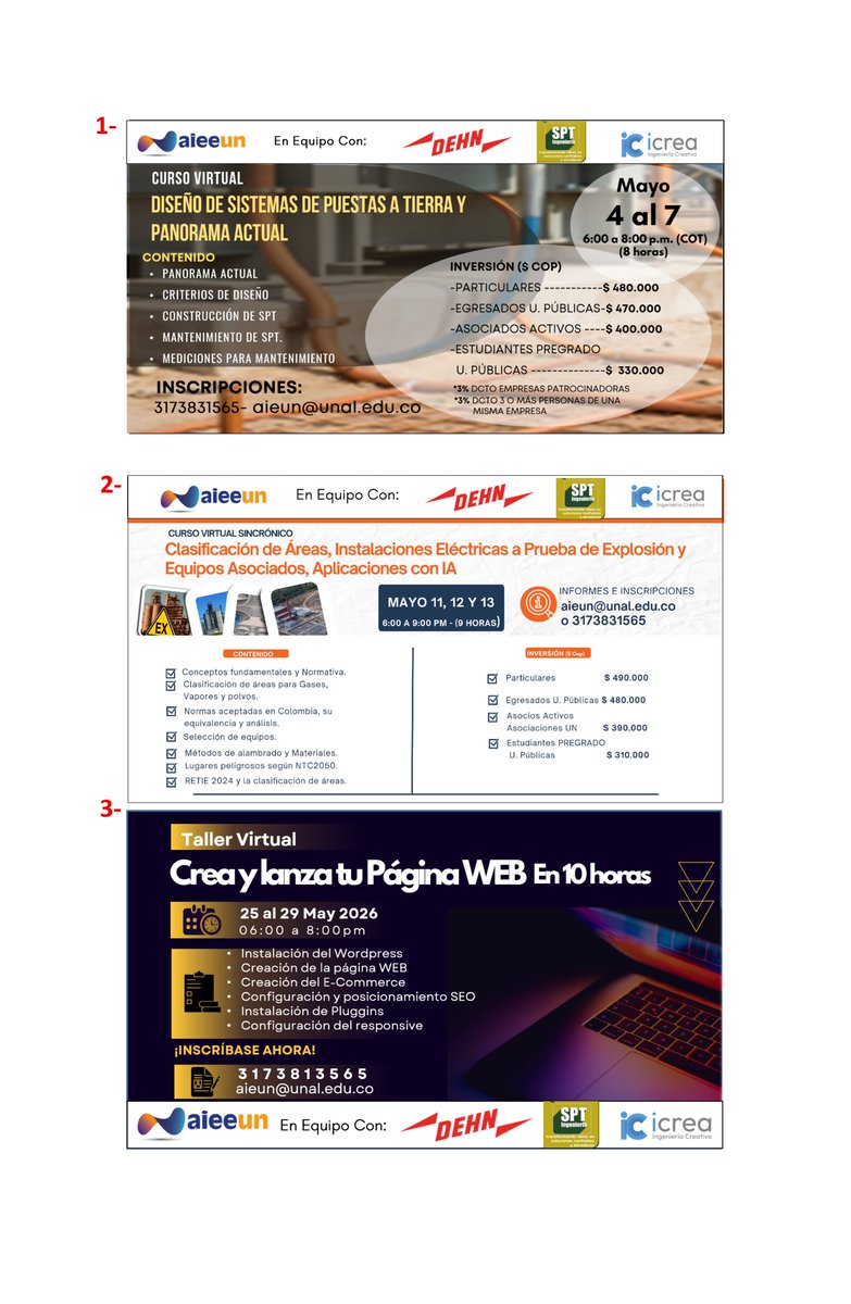 AIEEUN's tweet photo. 🚨 RÓXIMO LUNES INICIA CURSO: "Diseño de Sistemas de Puestas a Tierra y Panorama Actual"
Inf: aieun@unal.edu.co-3173831565
#SeguridadEléctrica #Subestaciones #RiesgoEléctrico #RETIE #RETIE2024 #SeguridadIndustrial #EficienciaEnergética #IndustriaElectrica #proteccioneselectricas https://t.co/xP5b0RaXiG