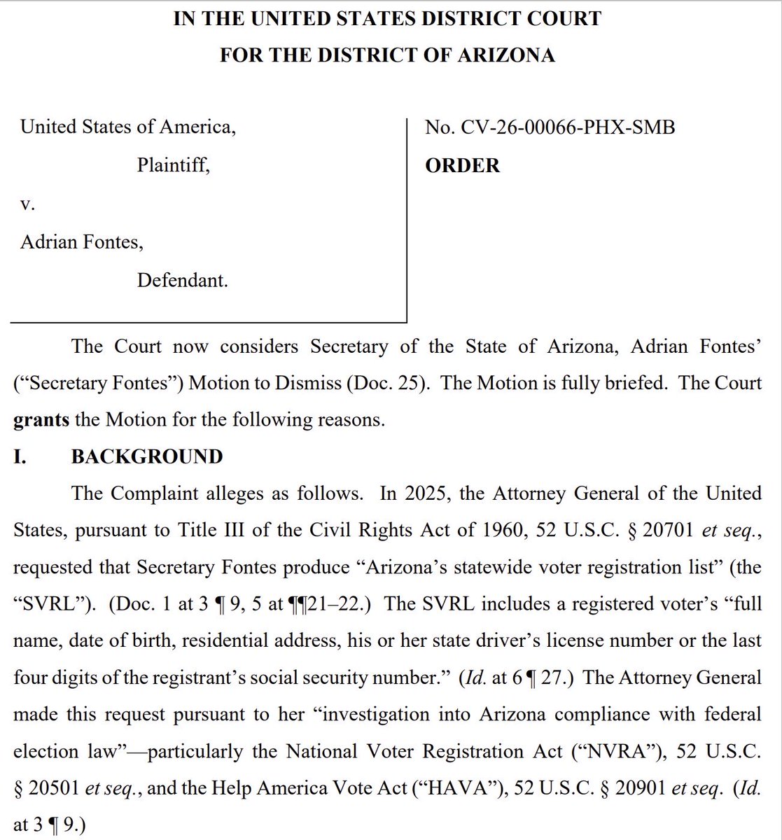 azelectionlaw's tweet photo. Arizona federal district court dismisses USDOJ lawsuit seeking Arizona’s statewide voter registration list. https://t.co/Mf1DwCnW8j