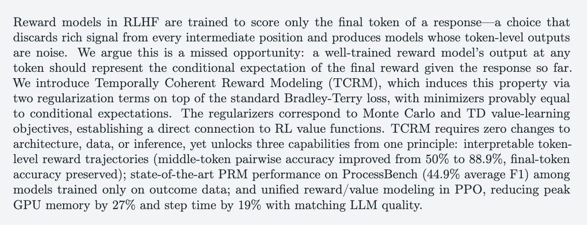 fly51fly's tweet photo. [LG] Reward Models Are Secretly Value Functions: Temporally Coherent Reward Modeling
A Nikulkov [AI at Meta] (2026)
https://t.co/UCxxkYtD7w https://t.co/d1hZpW31ou
