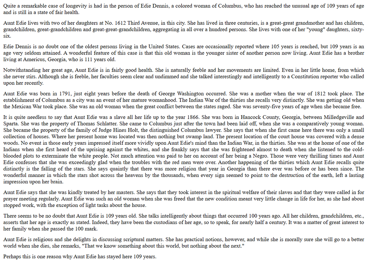 FWPSlvNarrative's tweet image. This remarkable story of Edie Dennis was published in 1900, when she was 109 years old, her life having spanned 3 different centuries.  She was a slave most of her life, and had good masters.  Her most vivid memories were of the Indian wars. #BlackHistory