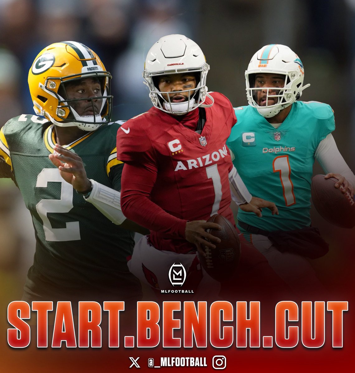 MLFootball's tweet image. START. BENCH. CUT.

These three #NFL quarterbacks:

Kyler Murray
Malik Willis
Tua Tagovailoa

🤔